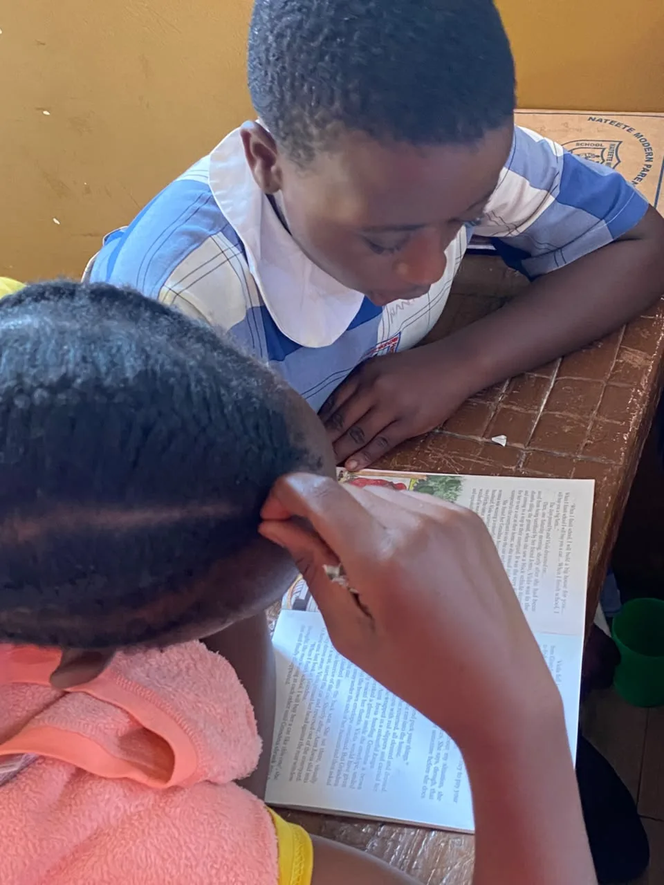 Two learners sharing a Phonics Train story book